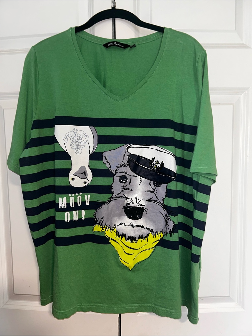 Ulla Popken Green Striped Graphic Tee with Dog & Sailor Hat